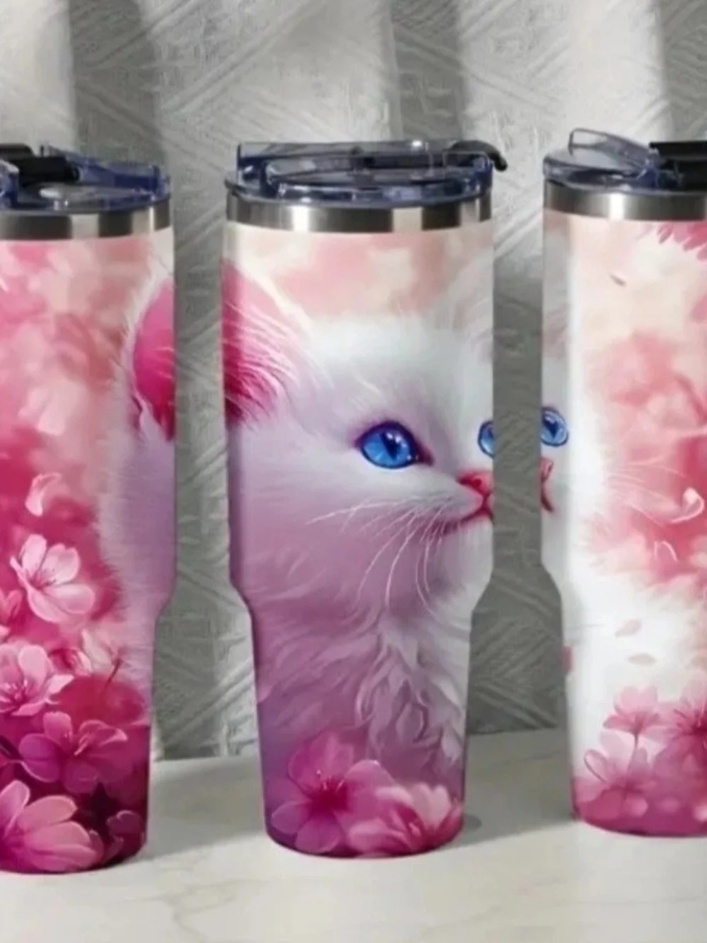 Pink Floral Stainless Steel Cat Insulated Tumbler W/White Kitten Design. $38.00